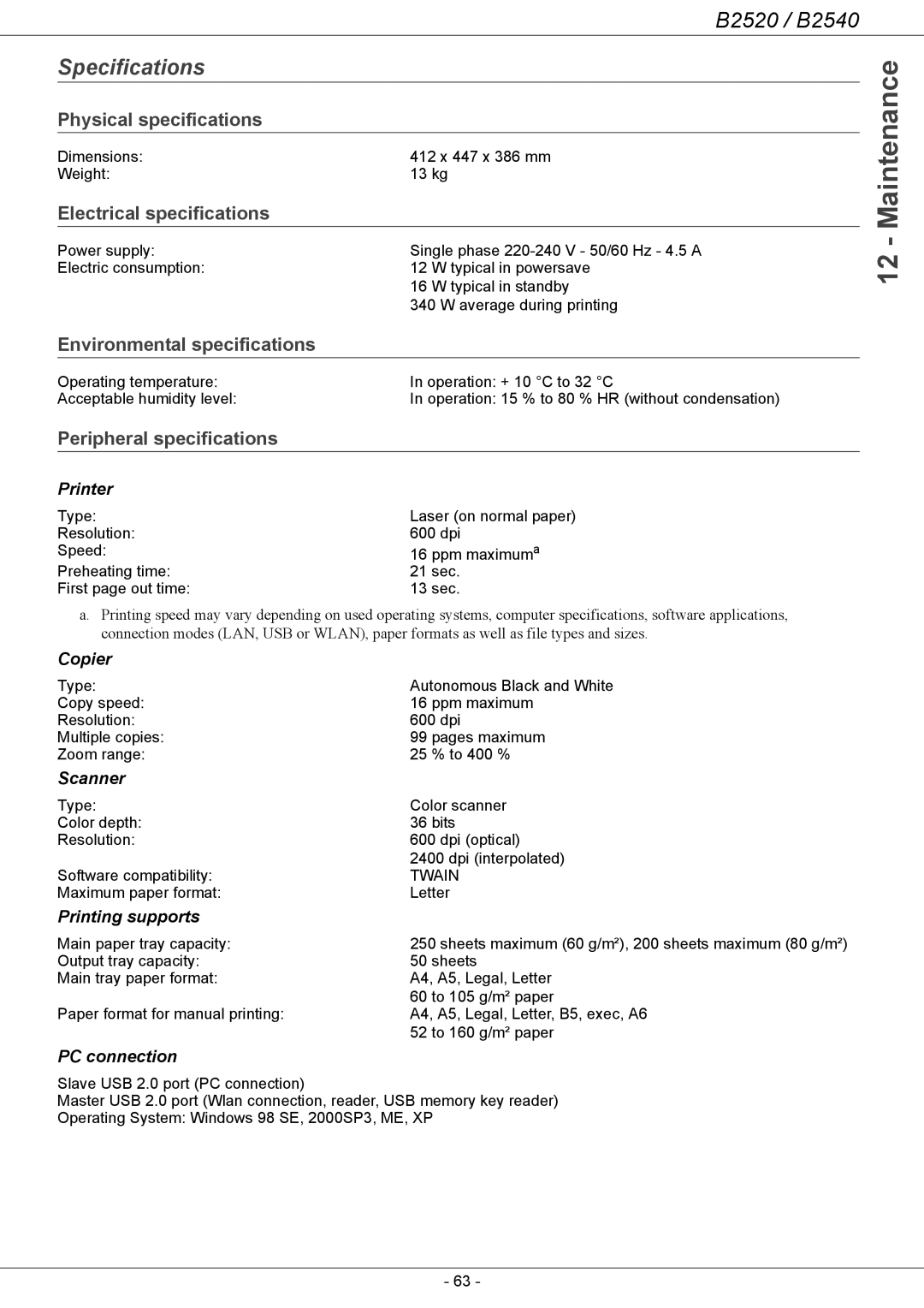 Oki B2500 Series manual Specifications, Physical specifications, Electrical specifications, Environmental specifications 