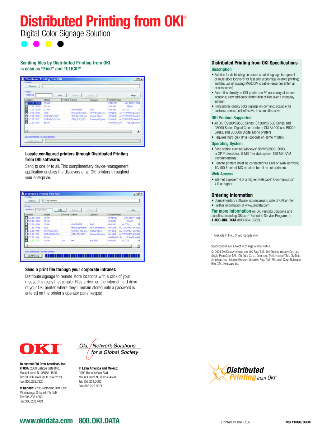 Oki C7300 Series, B4000 Series, C9300 Series manual Distributed Printing from OKI Specifications, Ordering Information 