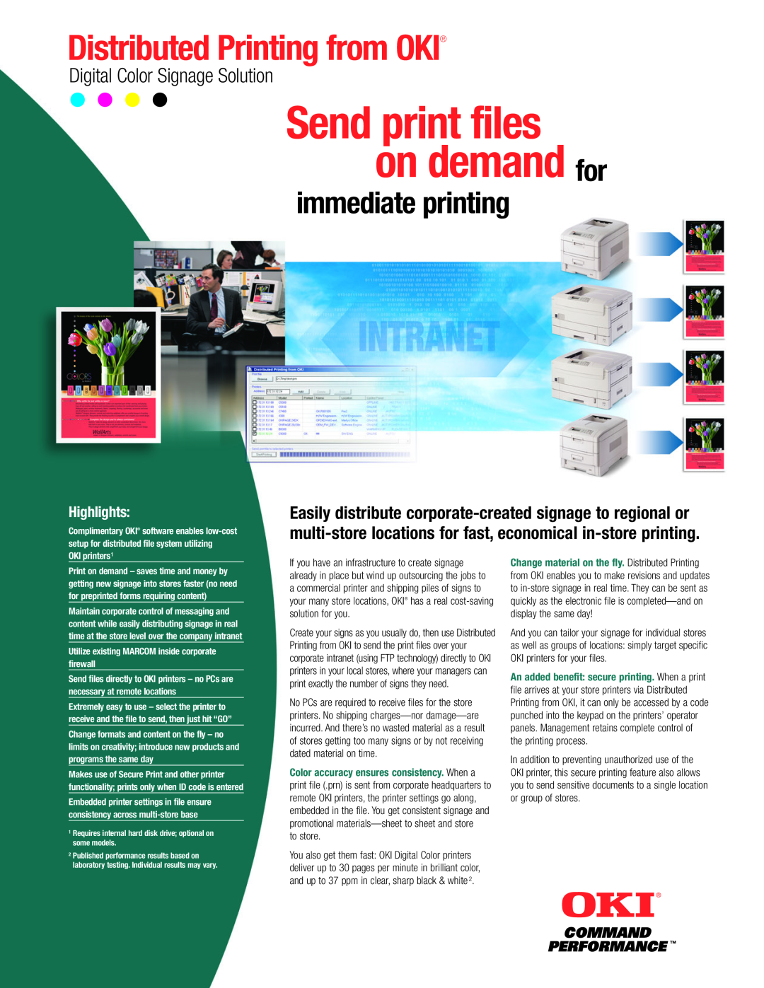 Oki C9300 Series manual Digital Color Signage Solution, Send print files on demand for, Distributed Printing from OKI 