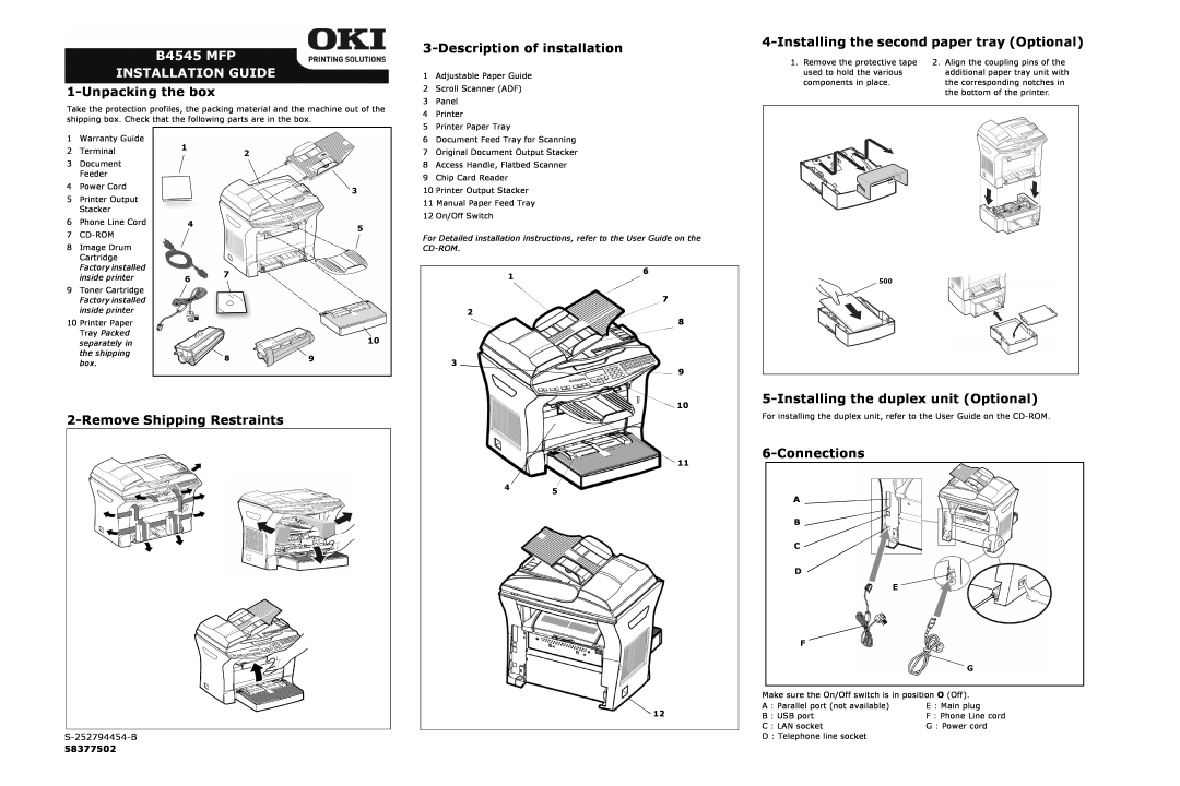 Oki B4545 warranty Description of installation, Installing the second paper tray Optional, Remove Shipping Restraints 