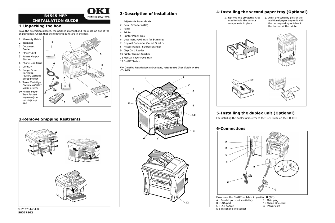 Oki B4545 warranty Description of installation, Installing the second paper tray Optional, Connections 