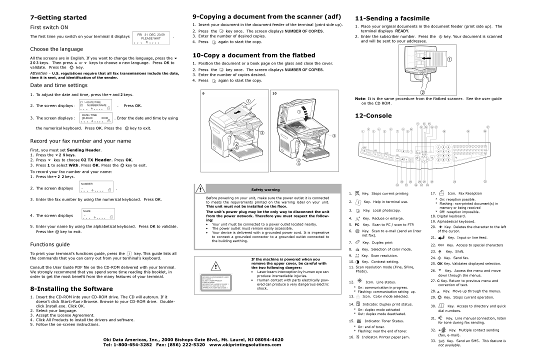 Oki B4545 warranty Getting started, Sending a facsimile, Copy a document from the flatbed, Console, Installing the Software 