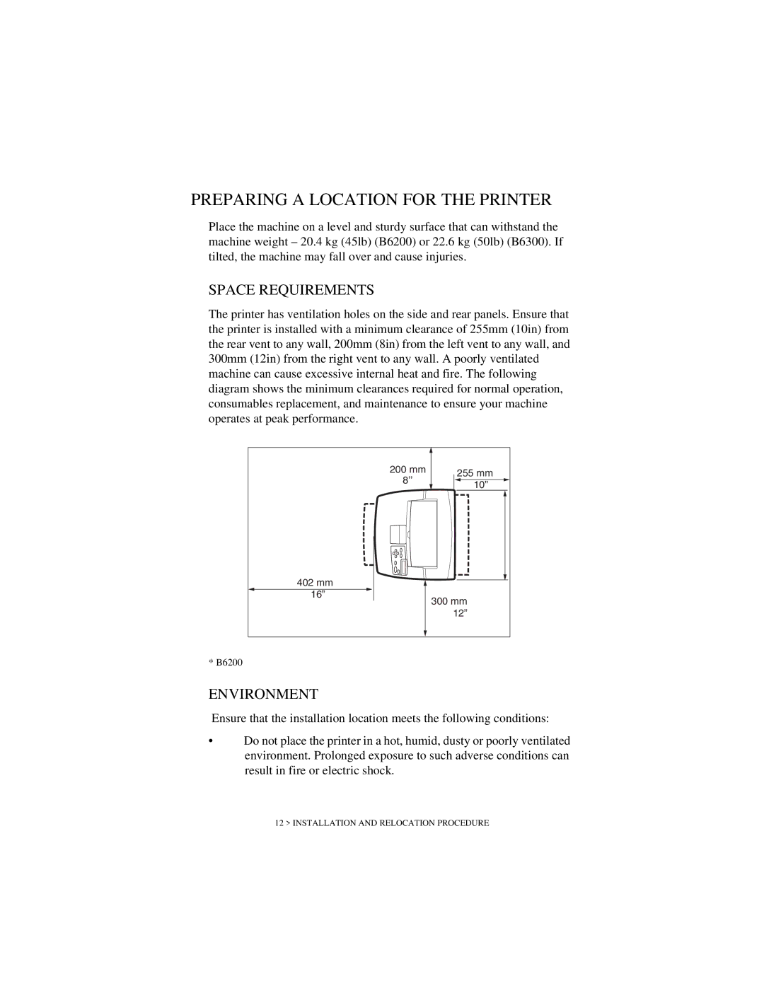 Oki B6200 Series manual Preparing a Location for the Printer, Space Requirements, Environment 