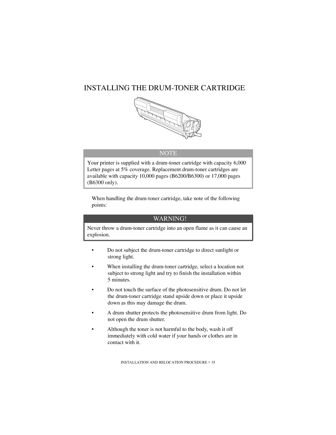 Oki B6200 Series manual Installing the DRUM-TONER Cartridge 