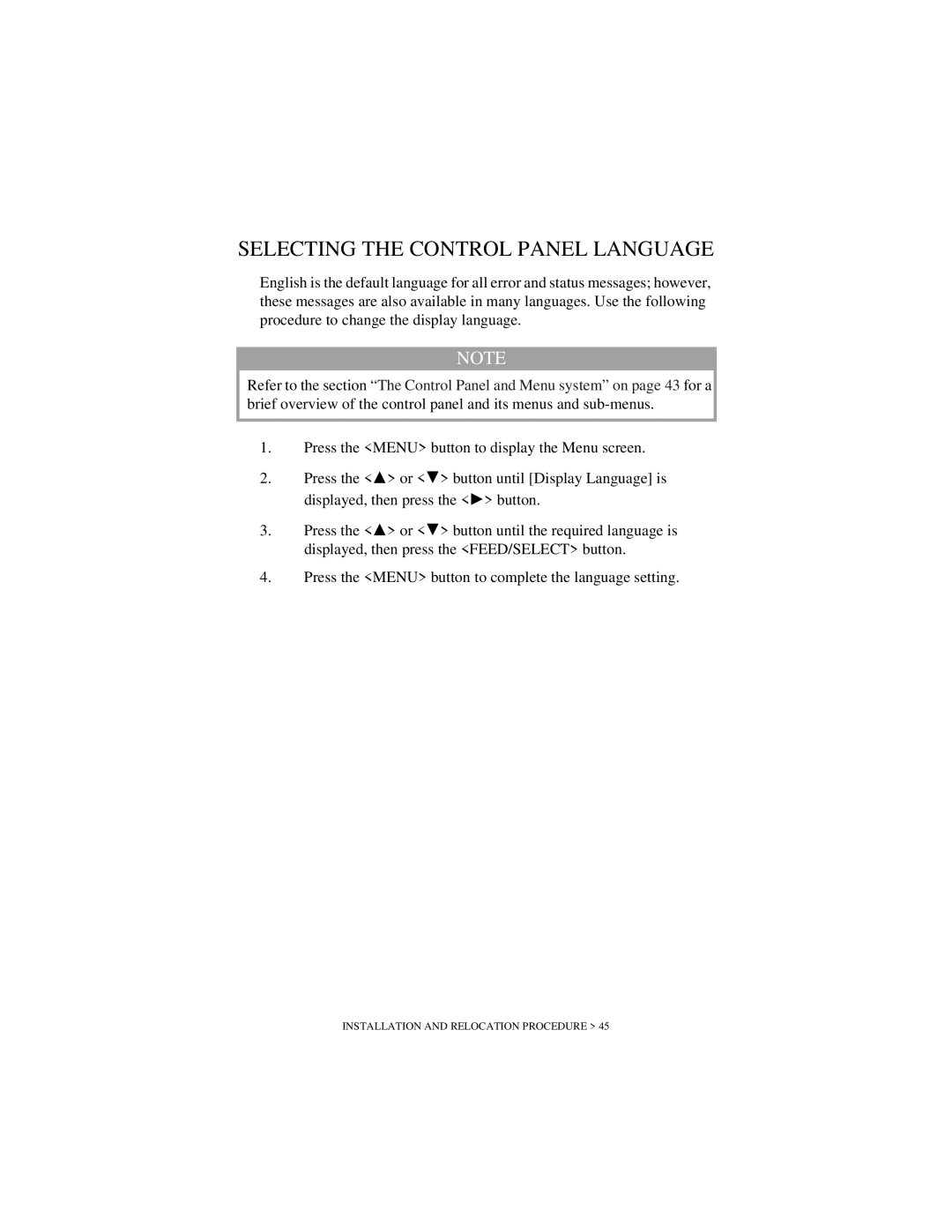 Oki B6200 Series manual Selecting the Control Panel Language 