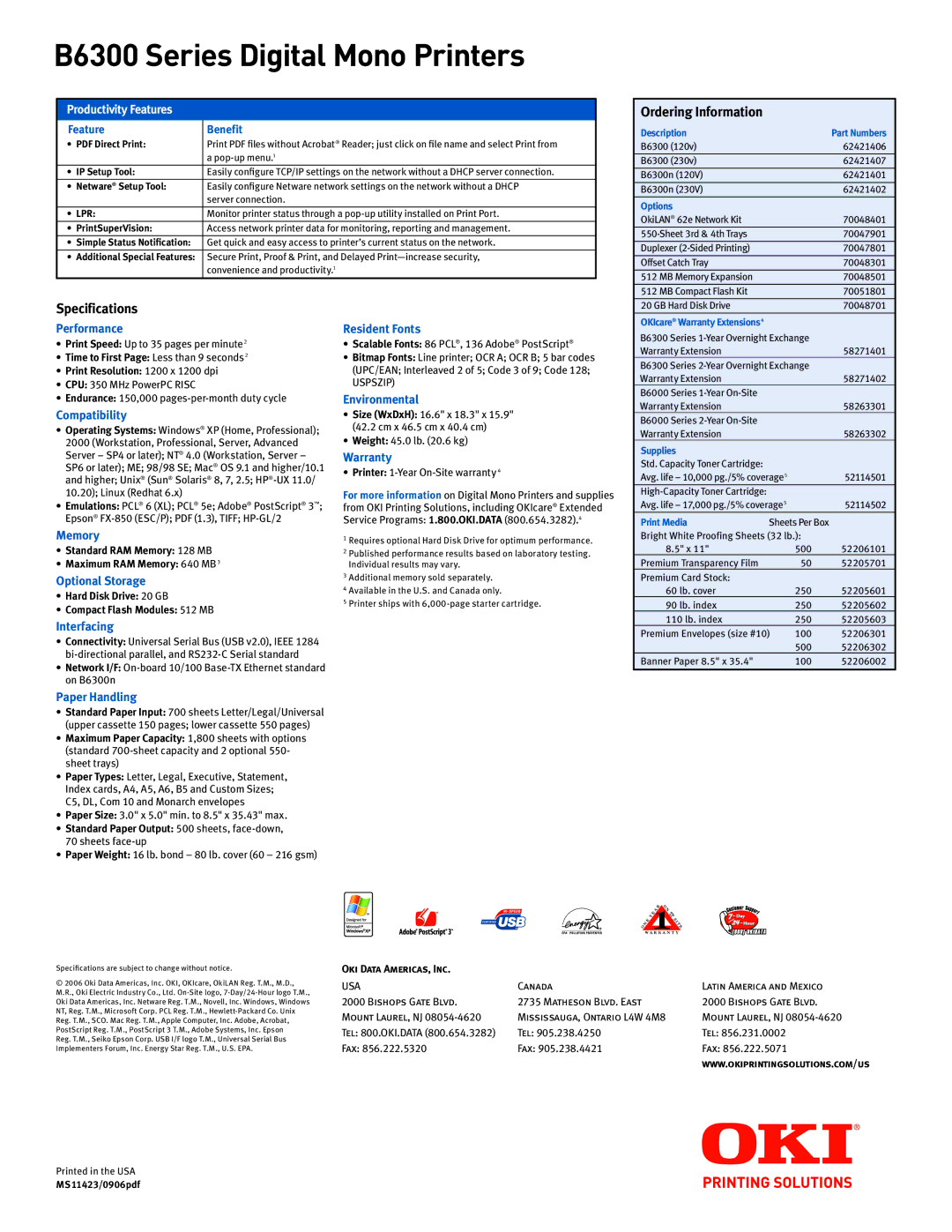 Oki B6300 Series warranty Performance, Compatibility, Resident Fonts, Environmental, Warranty, Memory, Optional Storage 