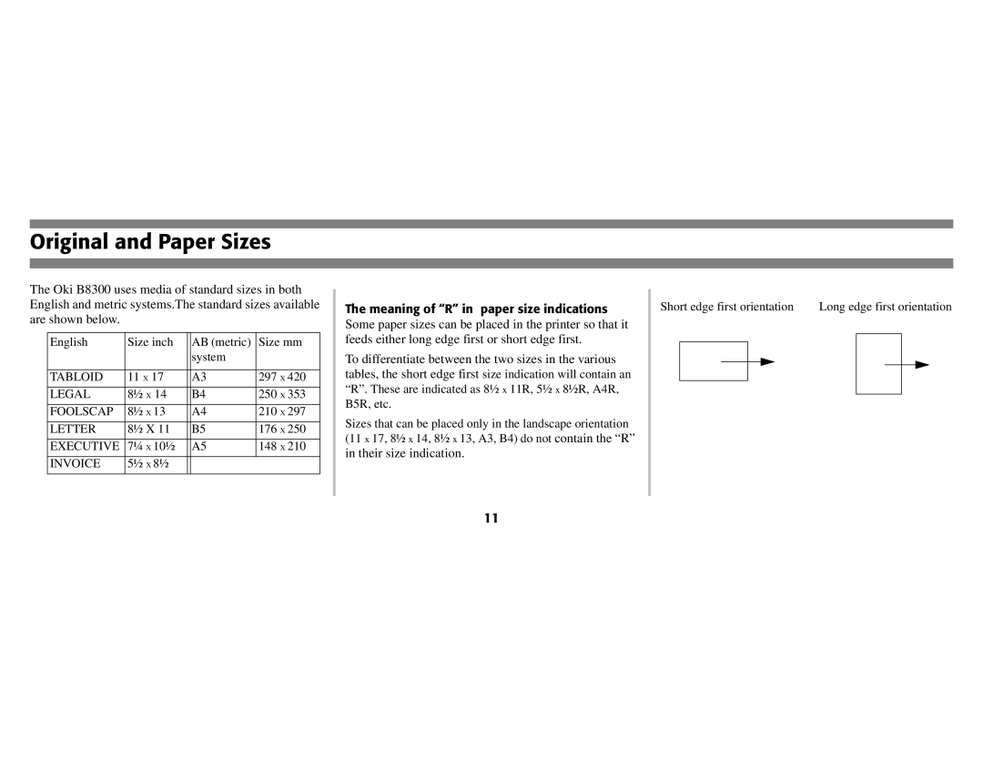 Oki B8300 manual Original and Paper Sizes 