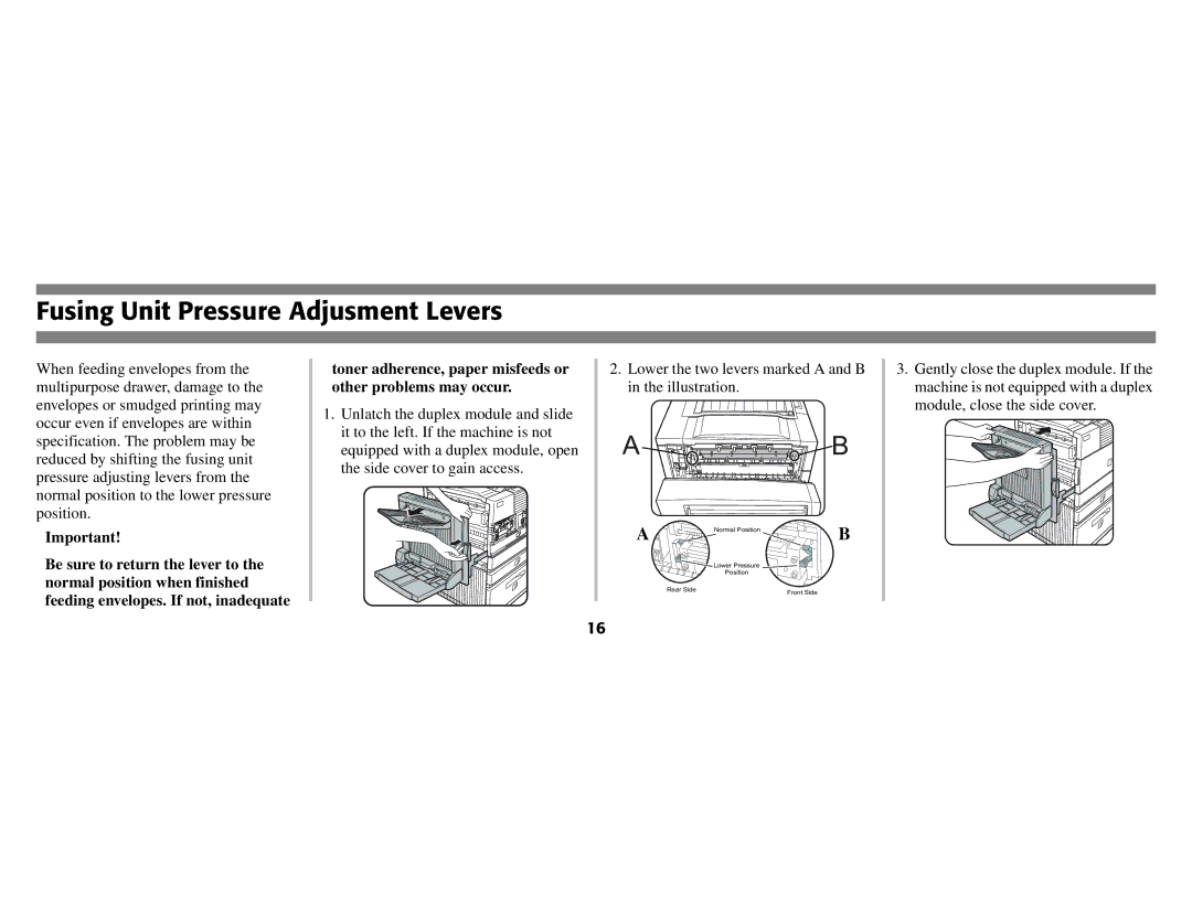 Oki B8300 manual Fusing Unit Pressure Adjusment Levers, Toner adherence, paper misfeeds or other problems may occur 