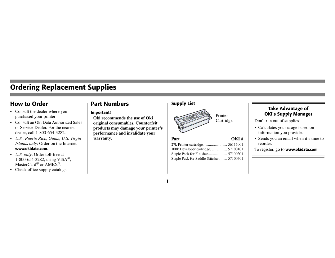 Oki B8300 Ordering Replacement Supplies, How to Order, Part Numbers, Supply List, Take Advantage OKI’s Supply Manager 