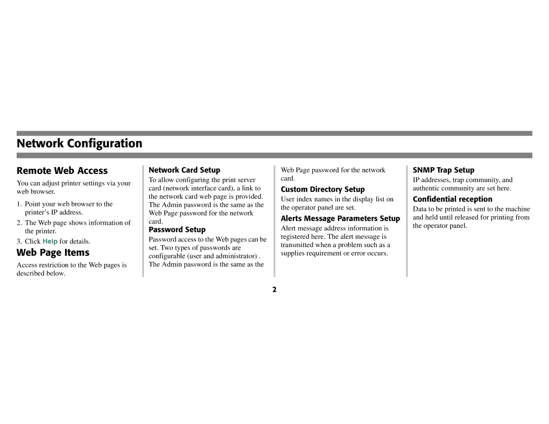 Oki B8300 manual Network Configuration, Remote Web Access, Web Page Items 