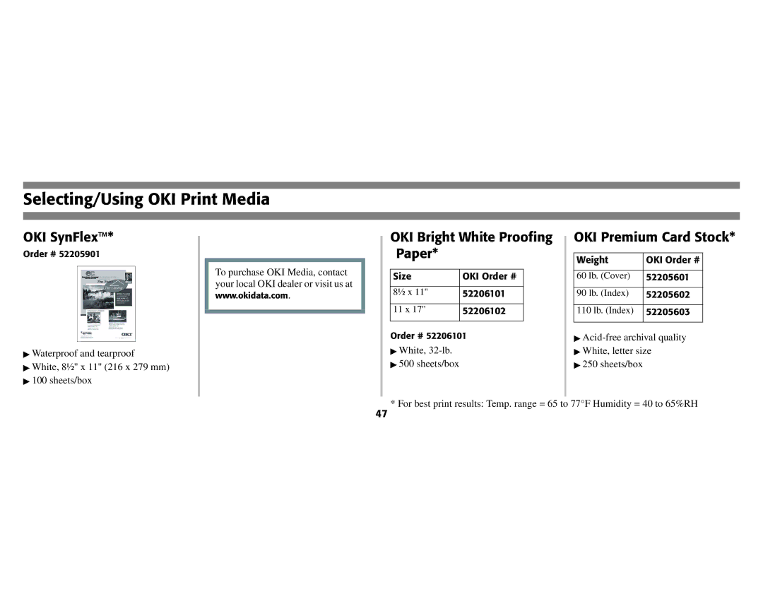 Oki B8300 manual Selecting/Using OKI Print Media, OKI SynFlex, OKI Bright White Proofing Paper, OKI Premium Card Stock 