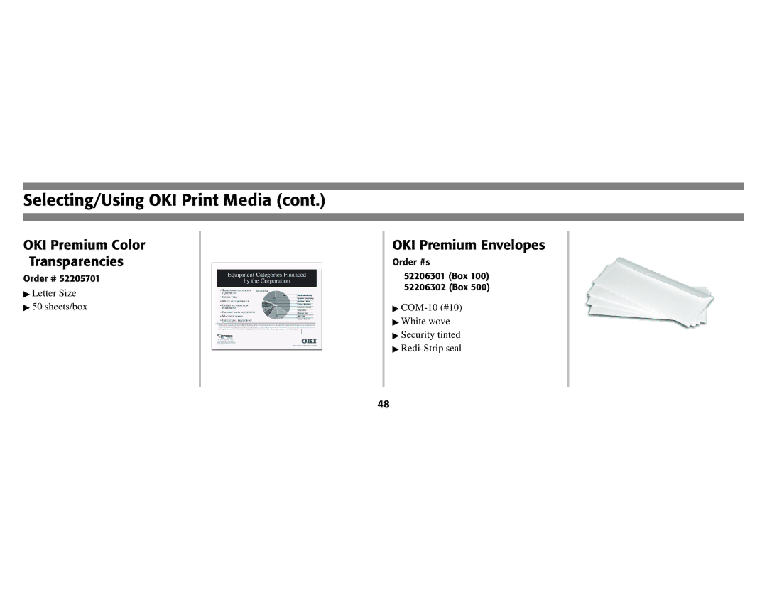 Oki B8300 manual OKI Premium Color Transparencies, OKI Premium Envelopes 