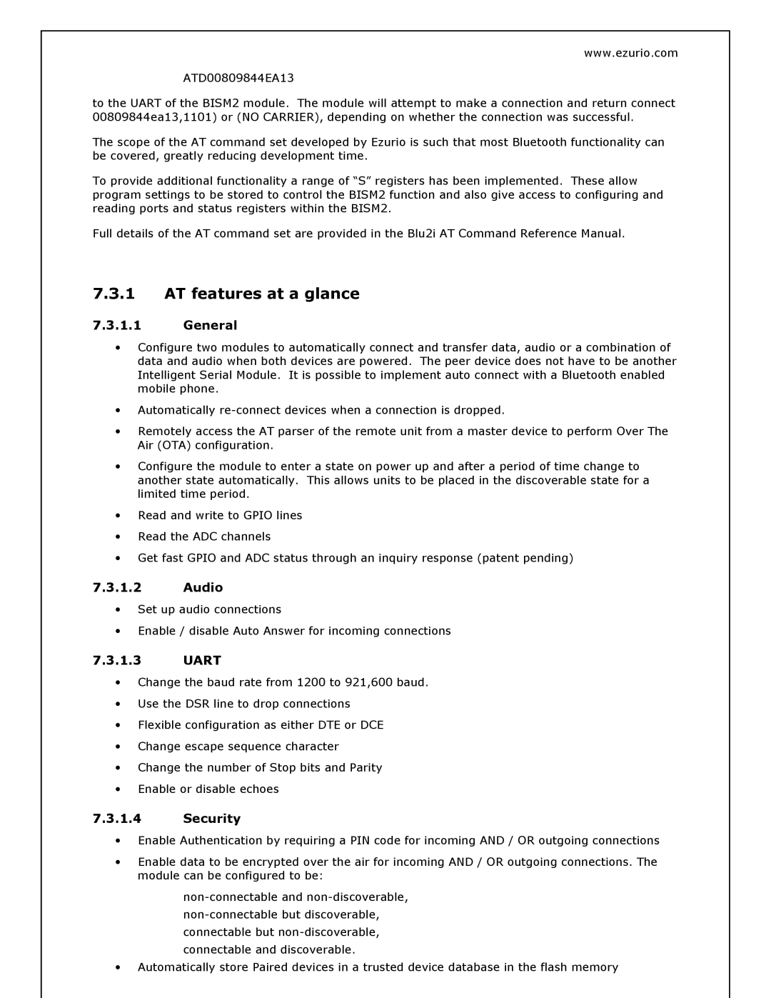 Oki BISM2 manual AT features at a glance, General, Audio, Uart, Security 