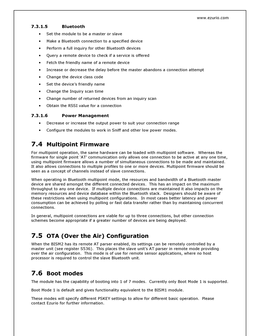 Oki BISM2 manual Multipoint Firmware, OTA Over the Air Configuration, Boot modes, Bluetooth, Power Management 