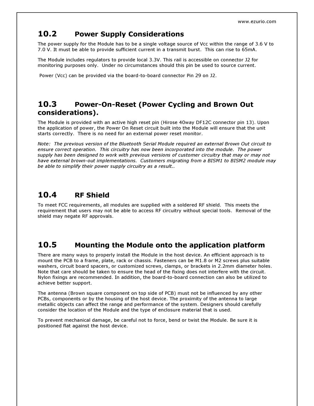 Oki BISM2 manual Power Supply Considerations, Power-On-Reset Power Cycling and Brown Out considerations, RF Shield 