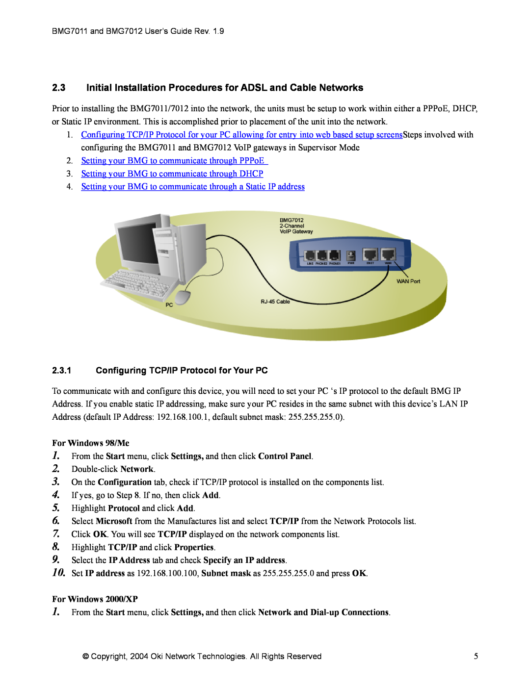 Oki BMG7011, BMG7012 manual 2.3.1Configuring TCP/IP Protocol for Your PC, For Windows 98/Me, For Windows 2000/XP 