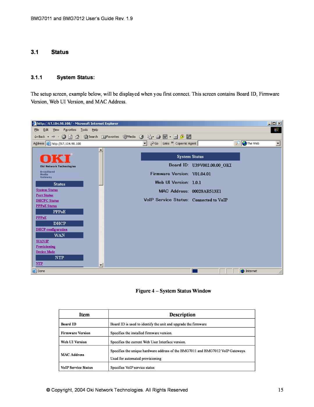 Oki BMG7011, BMG7012 manual 3.1Status, 3.1.1System Status, System Status Window, Description 