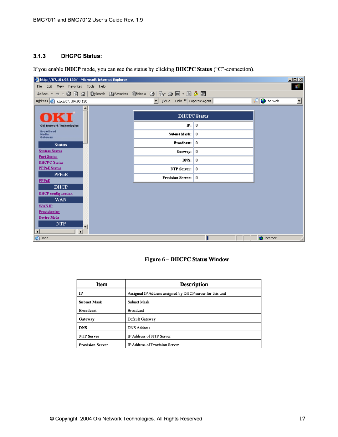 Oki BMG7011, BMG7012 manual 3.1.3DHCPC Status, DHCPC Status Window, Description 