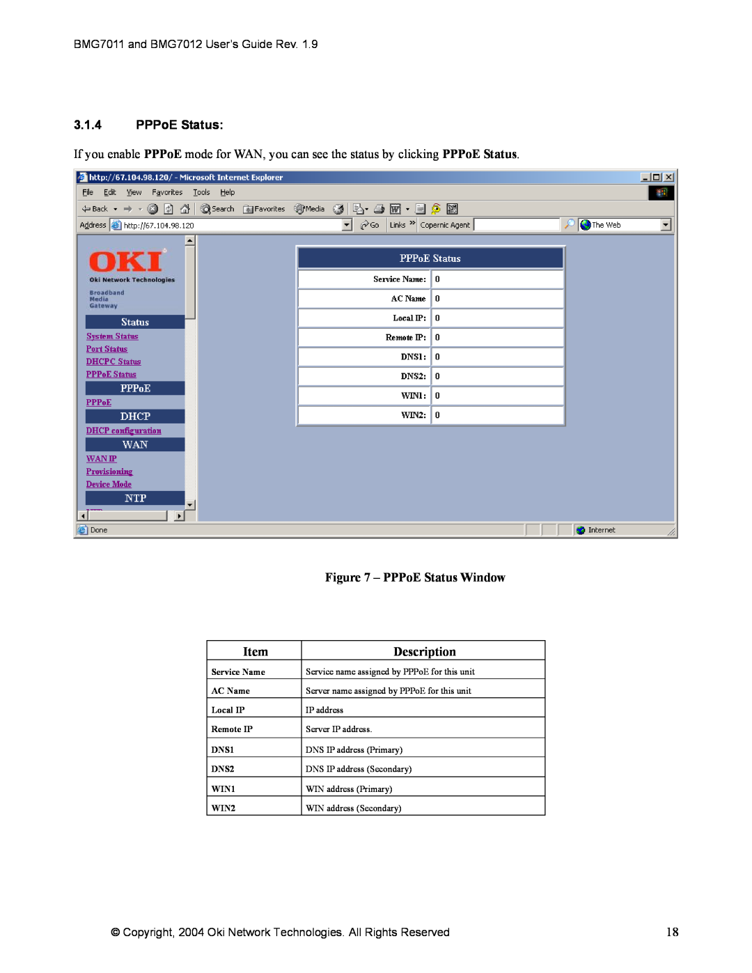 Oki BMG7012, BMG7011 manual 3.1.4PPPoE Status, PPPoE Status Window, Description 