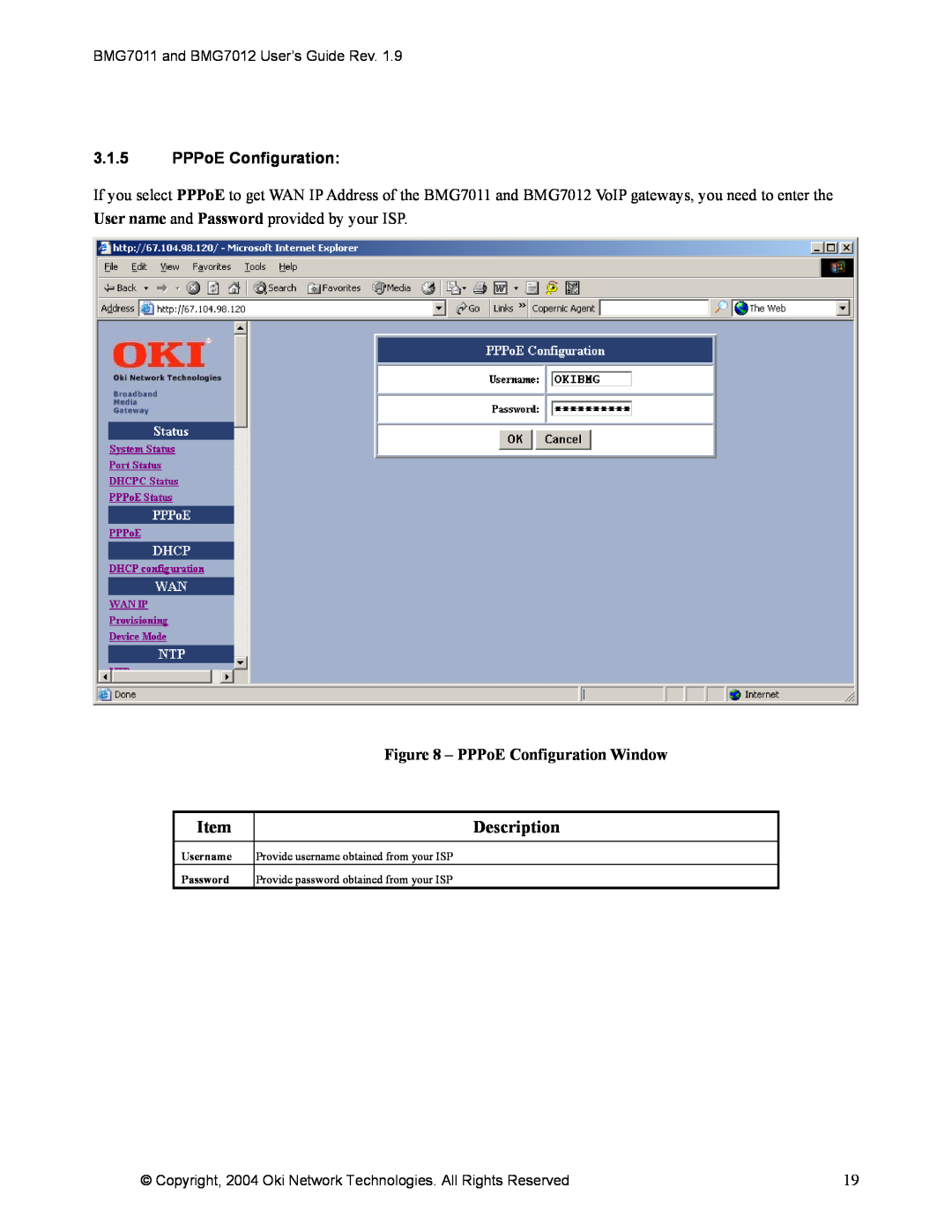 Oki BMG7011, BMG7012 manual Description, 3.1.5PPPoE Configuration, PPPoE Configuration Window 