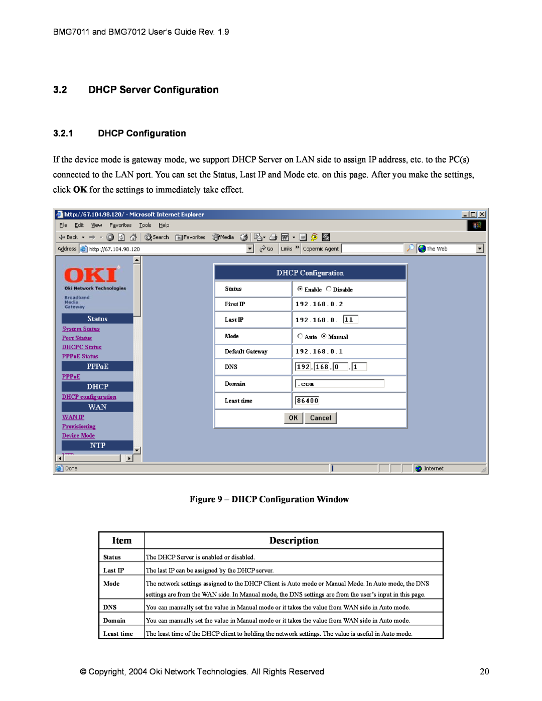 Oki BMG7012, BMG7011 manual 3.2DHCP Server Configuration, 3.2.1DHCP Configuration, DHCP Configuration Window, Description 