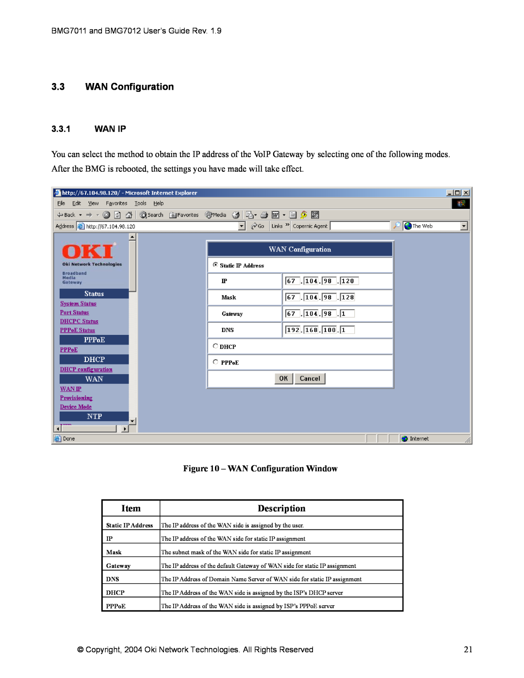 Oki BMG7011, BMG7012 manual 3.3WAN Configuration, 3.3.1WAN IP, WAN Configuration Window, Description 