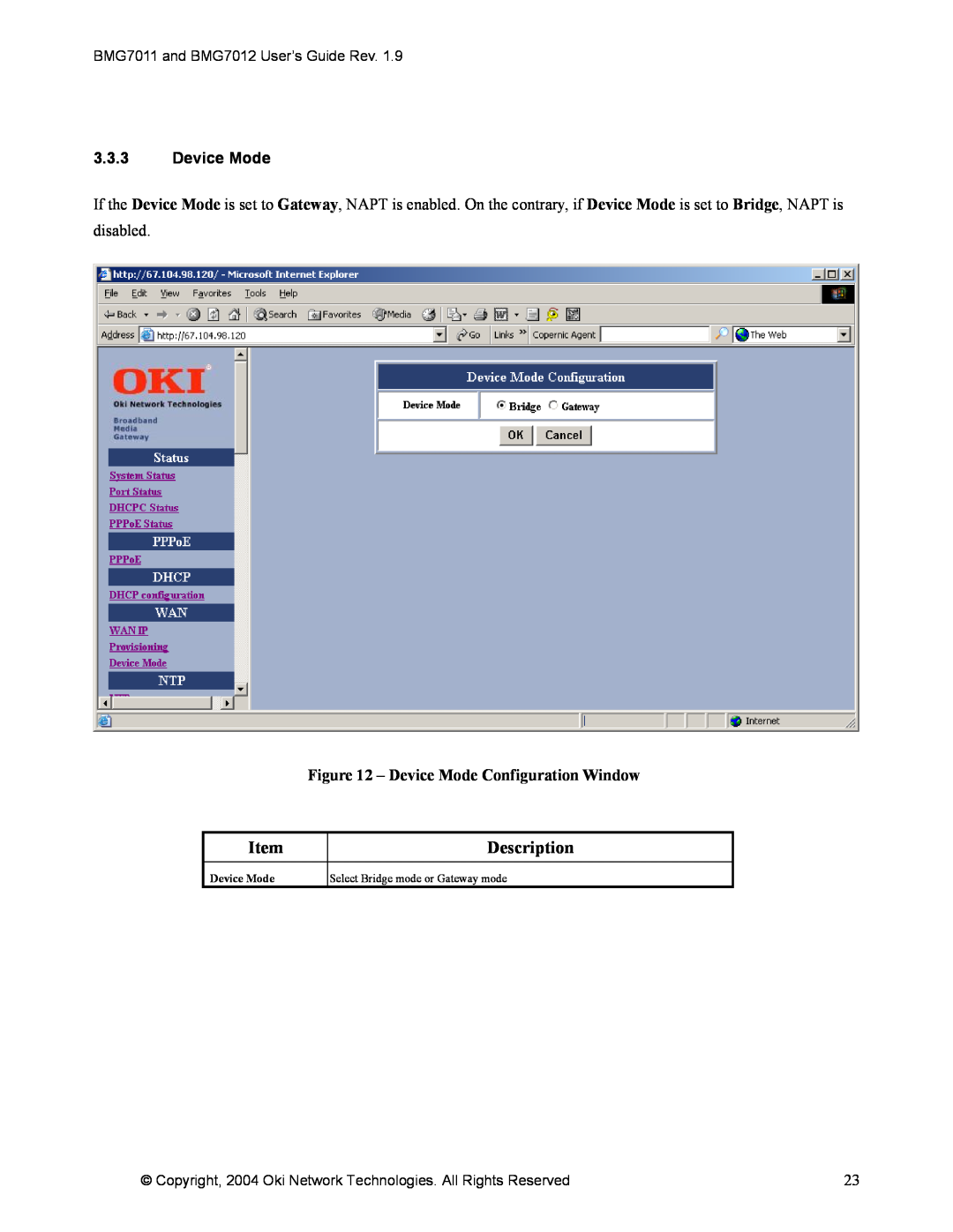 Oki BMG7011, BMG7012 manual 3.3.3Device Mode, Device Mode Configuration Window, Item, Description 