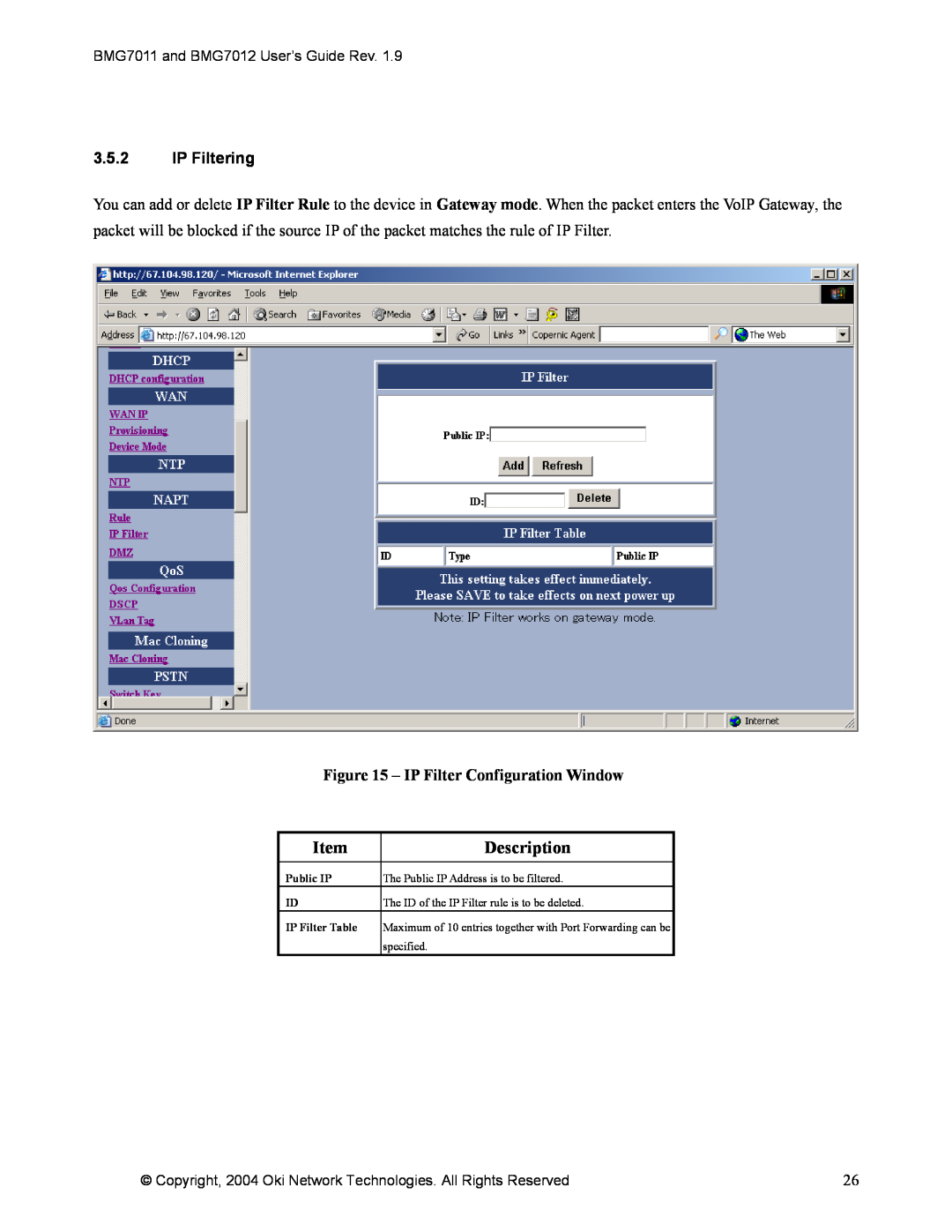Oki BMG7012, BMG7011 manual 3.5.2IP Filtering, IP Filter Configuration Window, Description 