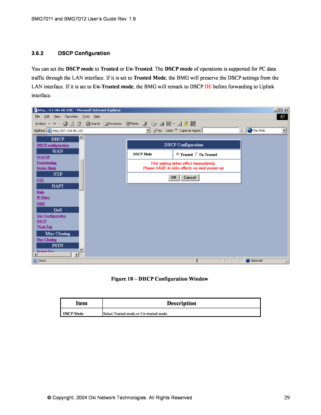 Oki BMG7011, BMG7012 manual 3.6.2DSCP Configuration, DHCP Configuration Window, Description 