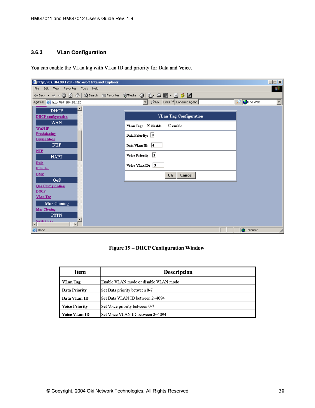 Oki BMG7012 manual 3.6.3VLan Configuration, DHCP Configuration Window, Description, VLan Tag, Data Priority, Data VLan ID 