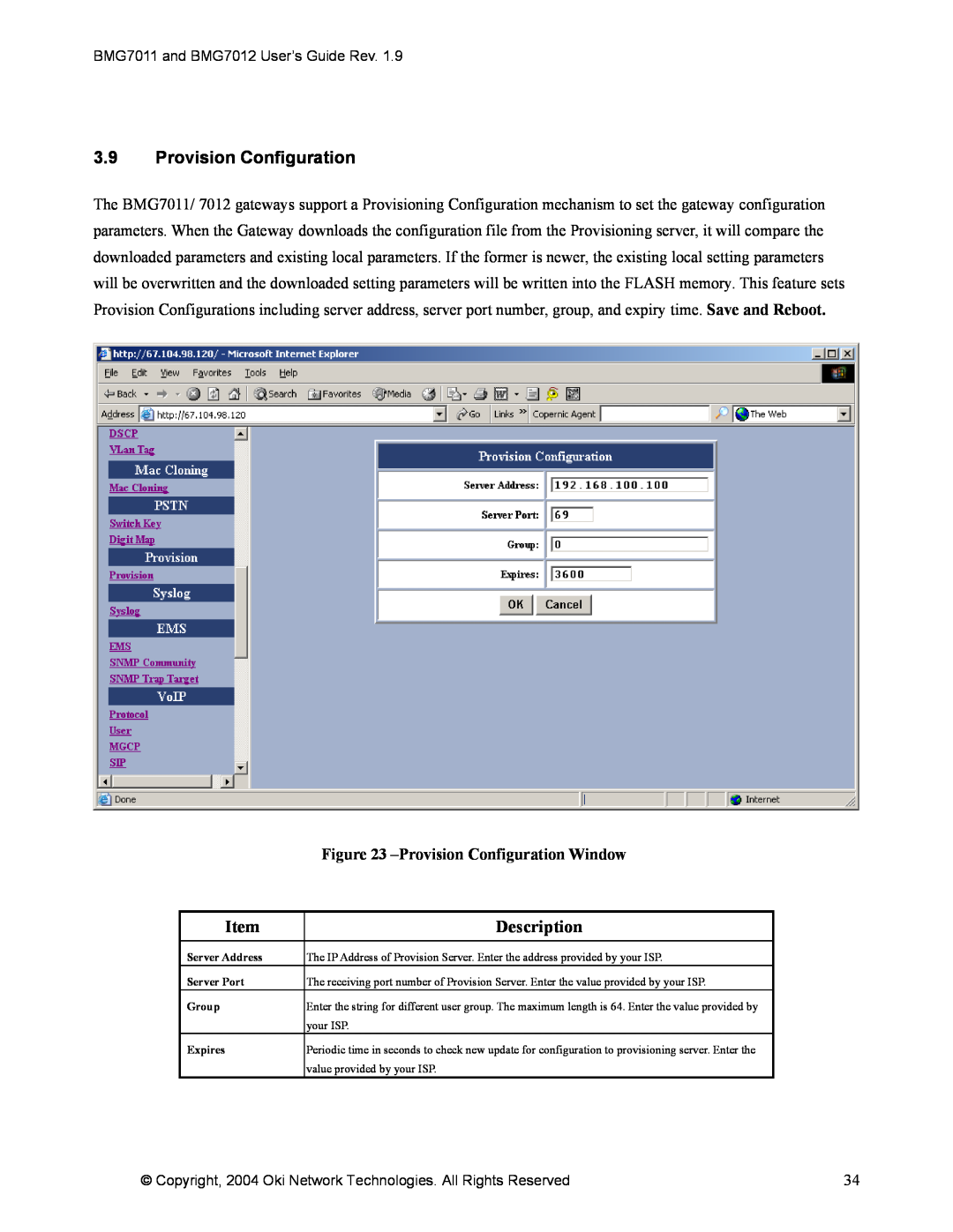 Oki BMG7012, BMG7011 manual 3.9Provision Configuration, ProvisionConfiguration Window, Item, Description 