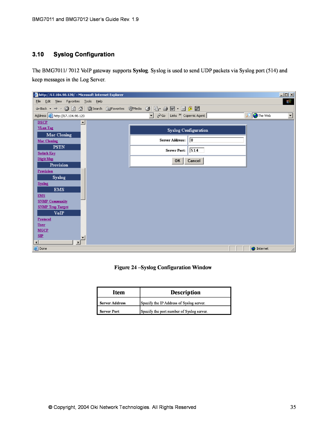 Oki BMG7011, BMG7012 manual 3.10Syslog Configuration, SyslogConfiguration Window, Item, Description 