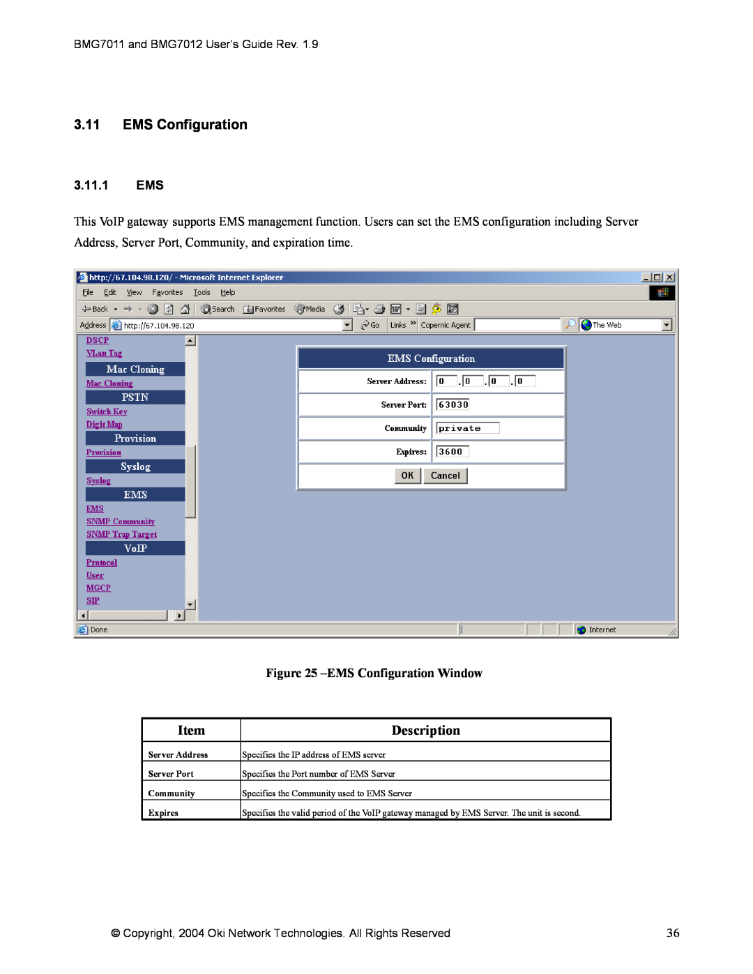Oki BMG7012, BMG7011 manual 3.11EMS Configuration, 3.11.1EMS, EMSConfiguration Window, Description 