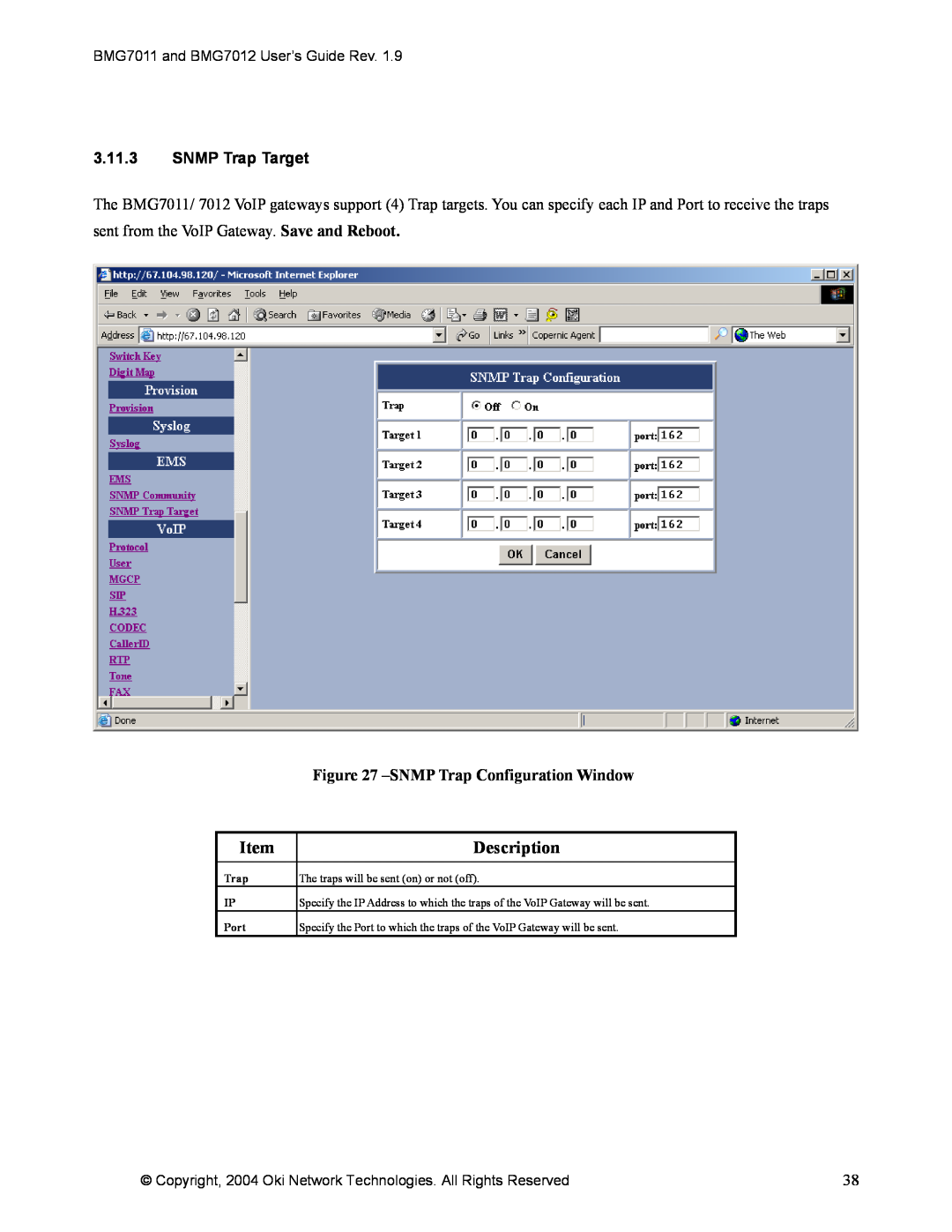 Oki BMG7012, BMG7011 manual 3.11.3SNMP Trap Target, SNMPTrap Configuration Window, Description 