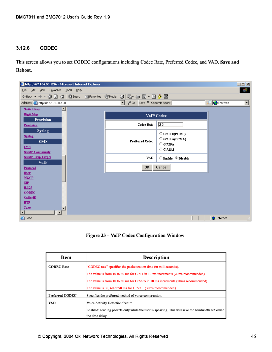 Oki BMG7012, BMG7011 manual 3.12.6CODEC, Reboot, VoIP Codec Configuration Window, Description, CODEC Rate, Preferred CODEC 