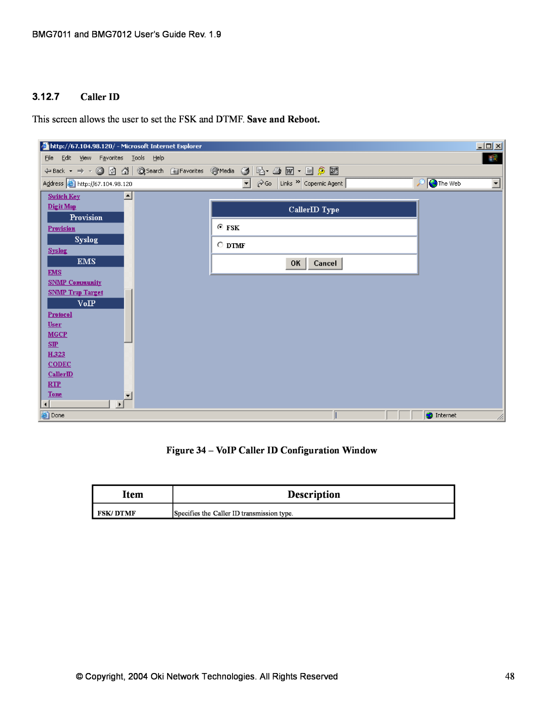 Oki BMG7012, BMG7011 manual 3.12.7Caller ID, VoIP Caller ID Configuration Window, Description, Fsk/ Dtmf 