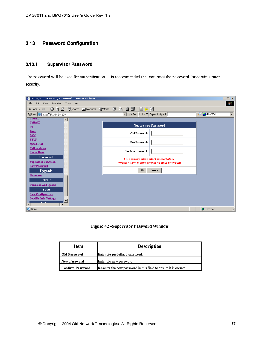 Oki BMG7011 3.13Password Configuration, 3.13.1Supervisor Password, SupervisorPassword Window, Description, Old Password 