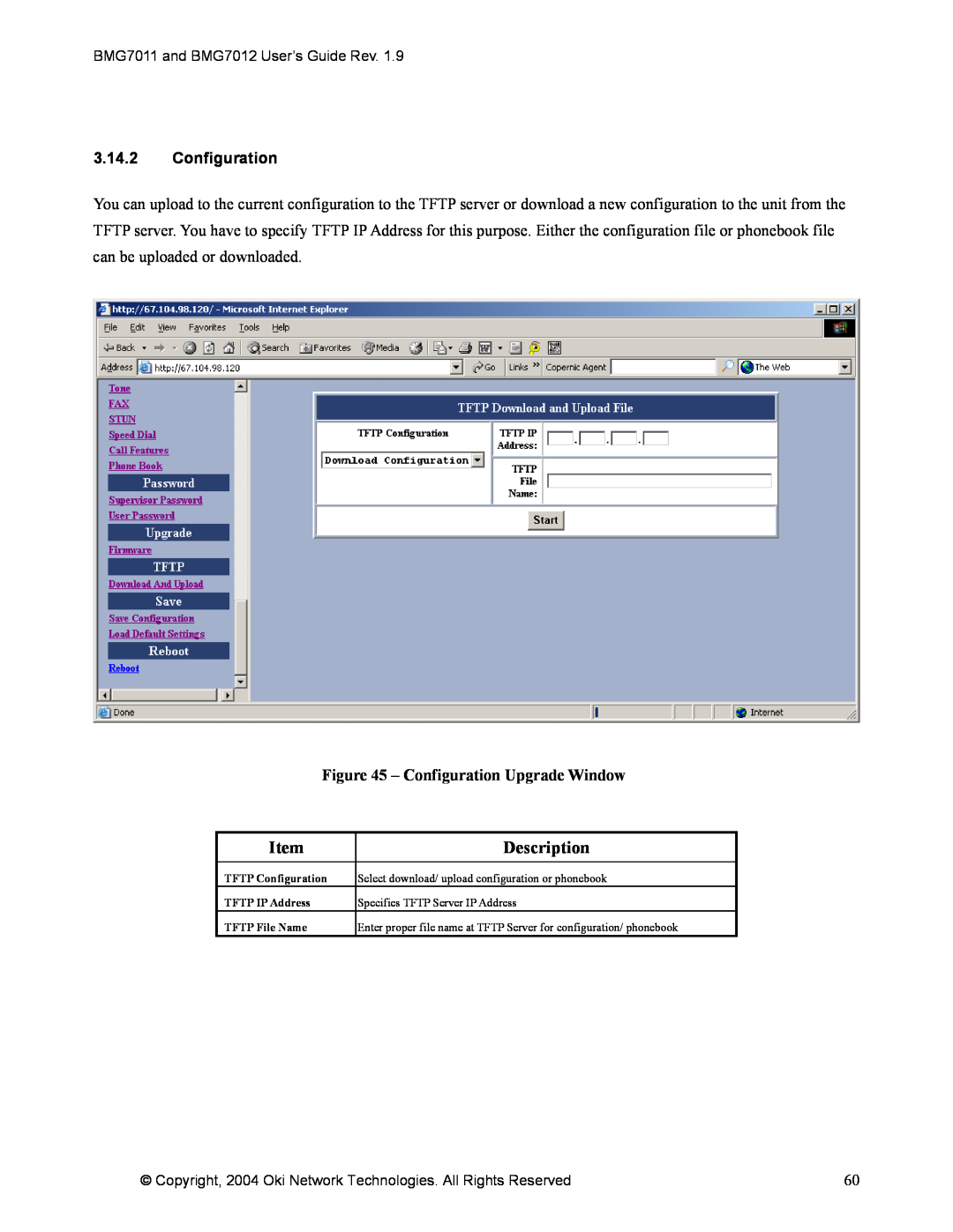 Oki BMG7012, BMG7011 manual 3.14.2Configuration, Configuration Upgrade Window, Description 