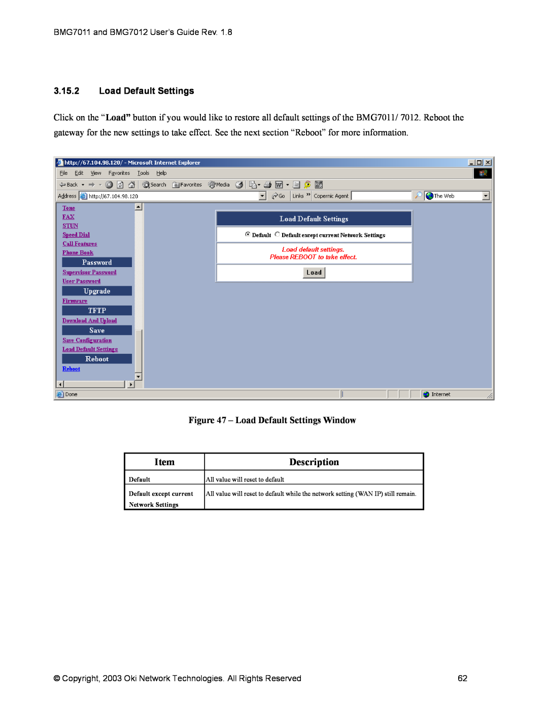 Oki BMG7012, BMG7011 manual 3.15.2Load Default Settings, Load Default Settings Window, Description 