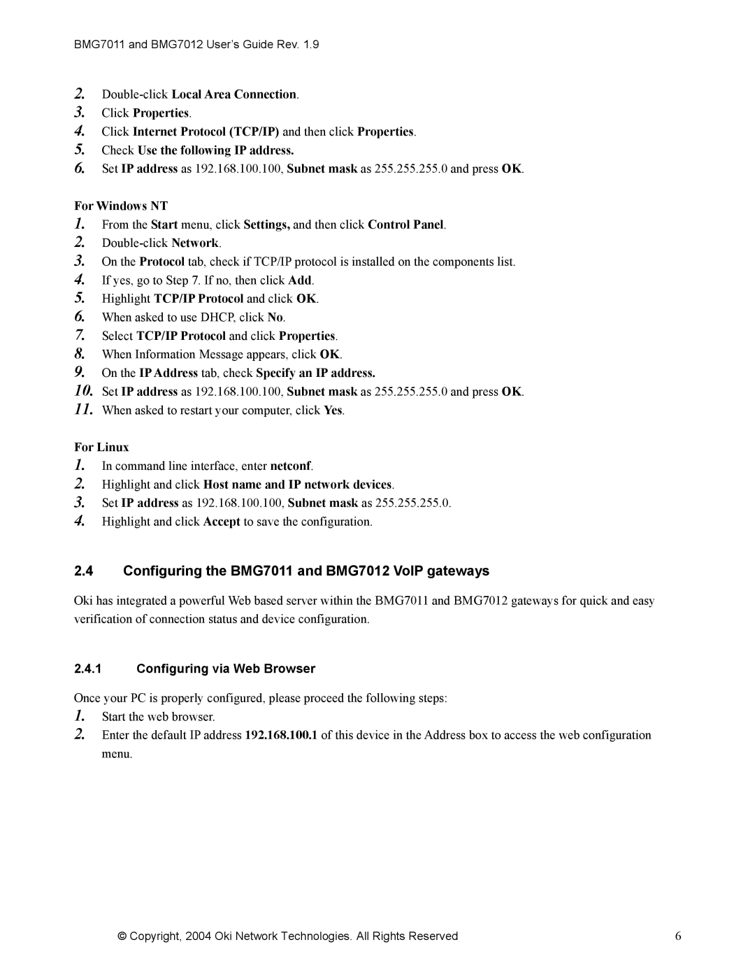 Oki manual Configuring the BMG7011 and BMG7012 VoIP gateways, Configuring via Web Browser 