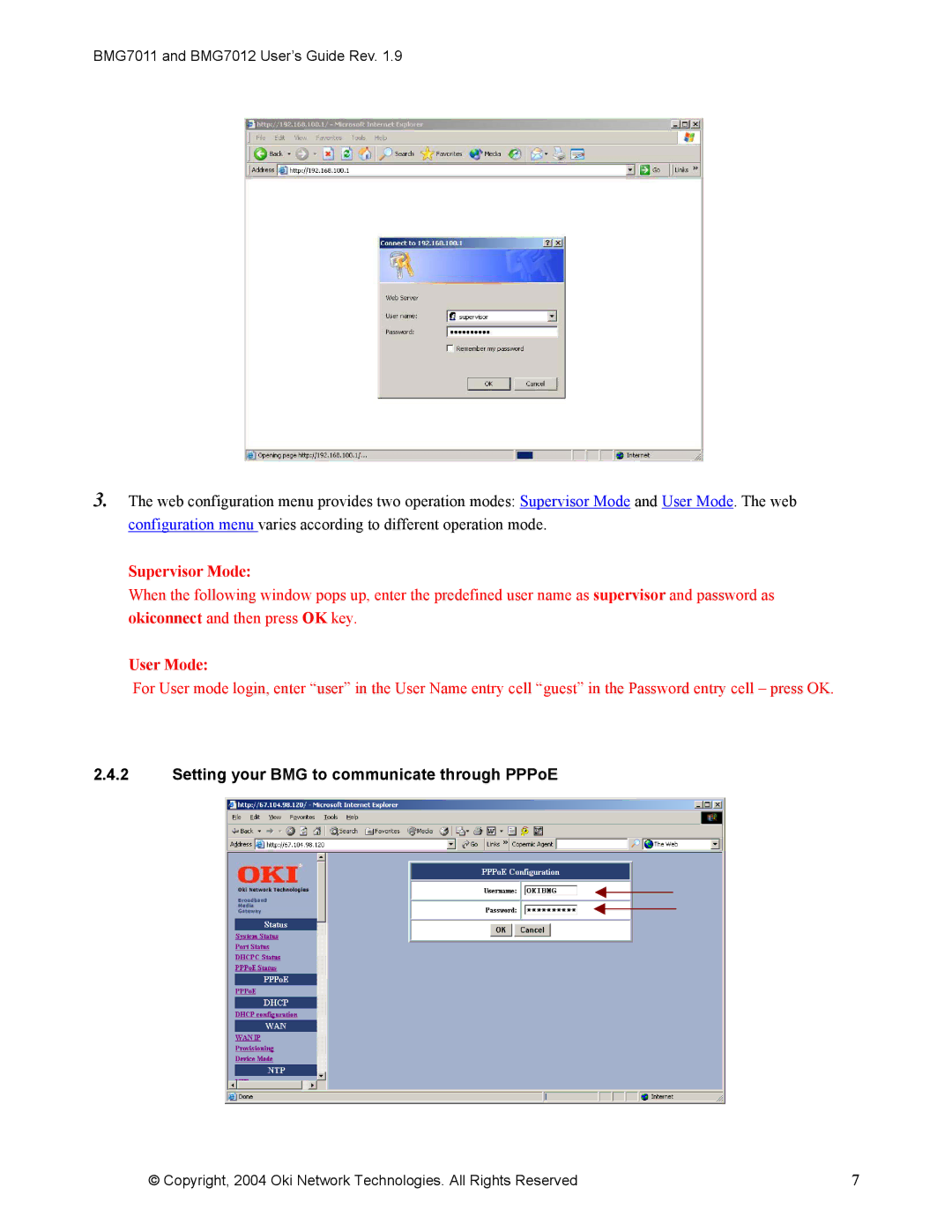 Oki BMG7011, BMG7012 manual Supervisor Mode, Setting your BMG to communicate through PPPoE 