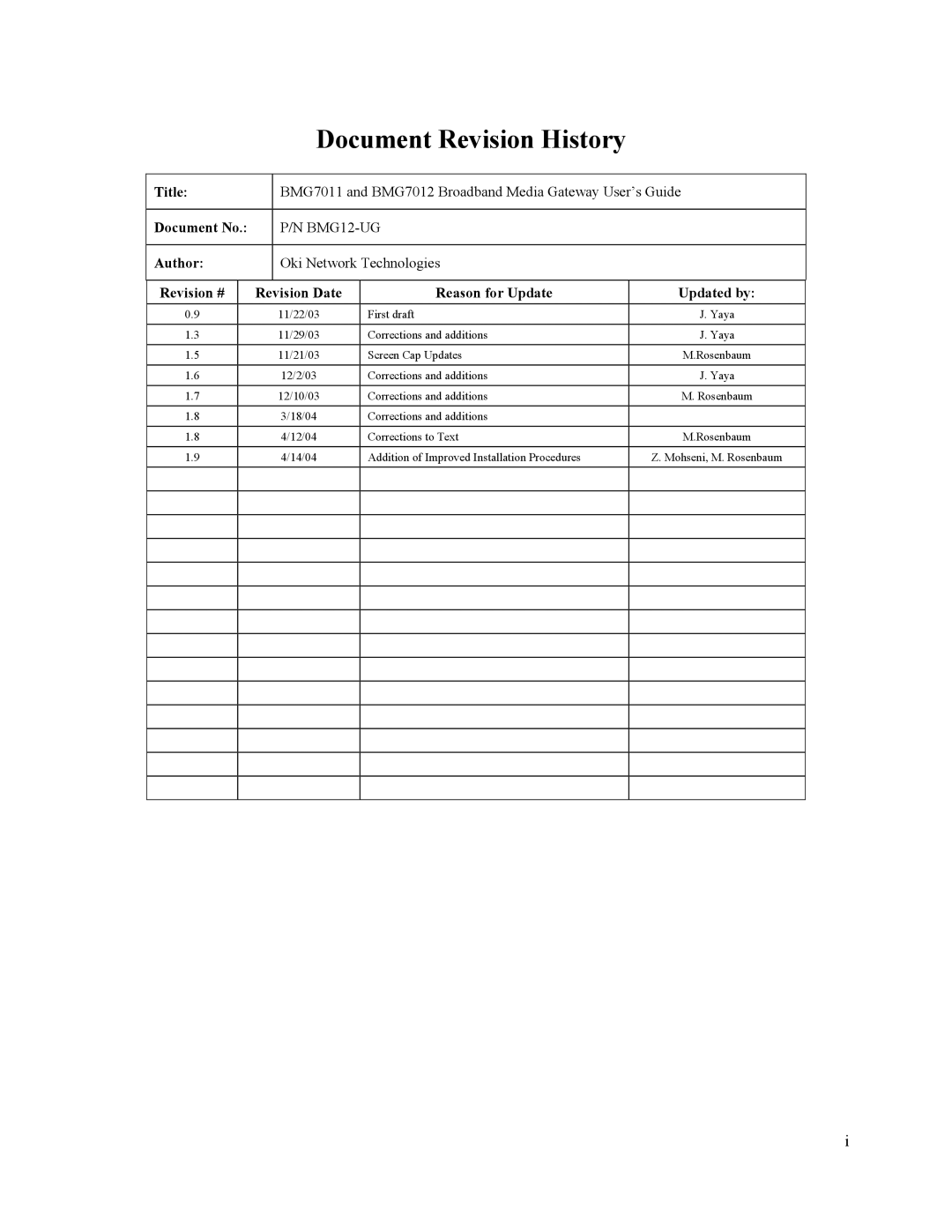 Oki BMG7011, BMG7012 manual Document Revision History 