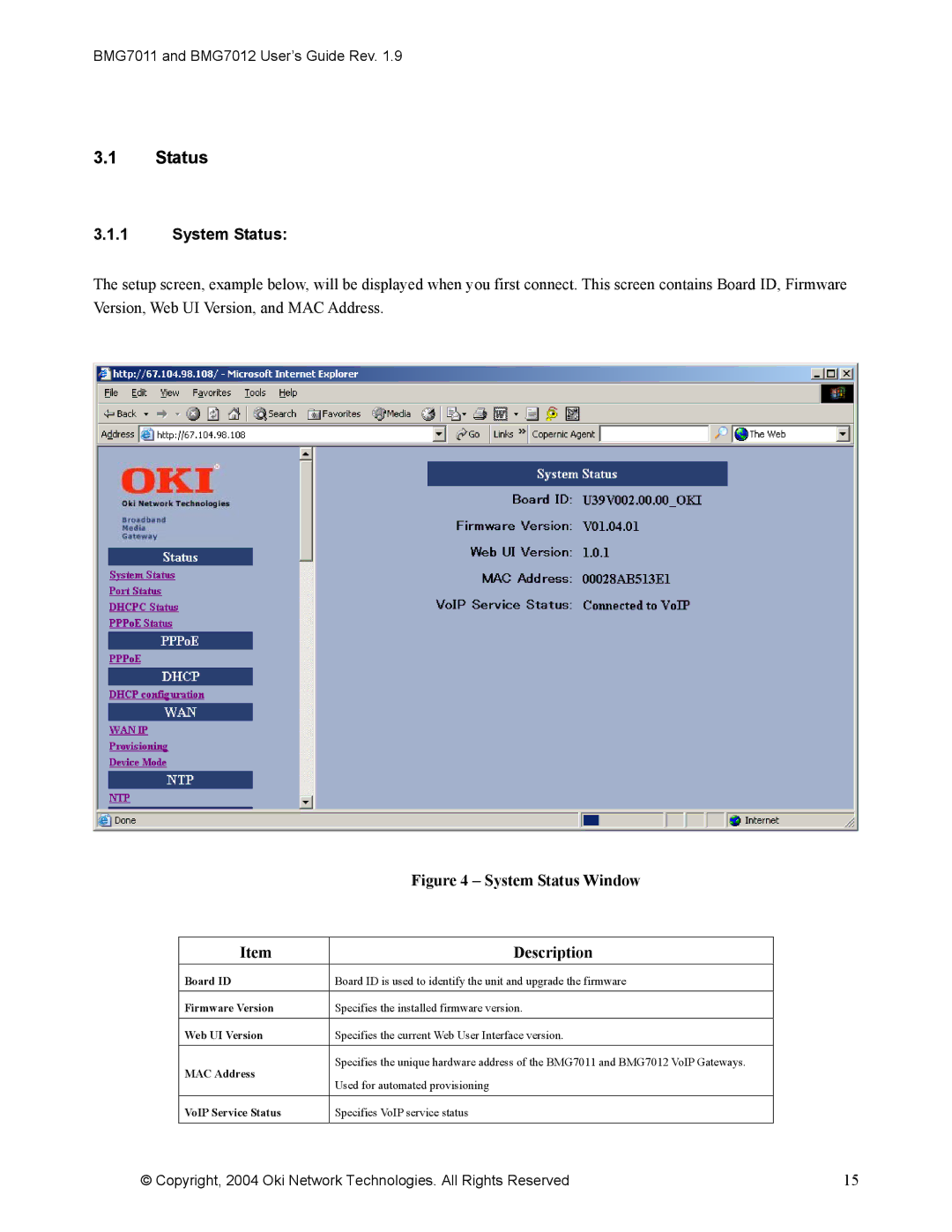 Oki BMG7011, BMG7012 manual System Status 