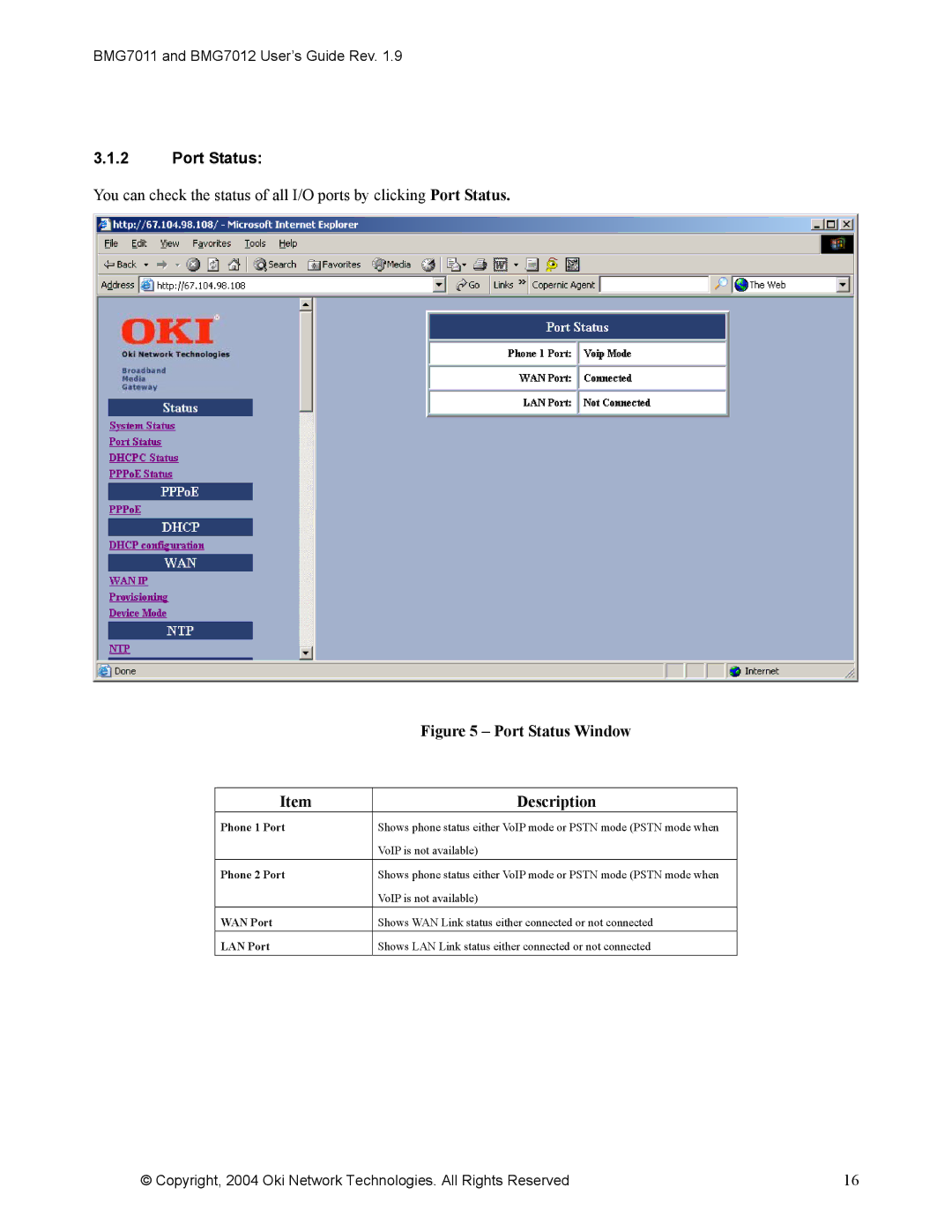 Oki BMG7012, BMG7011 manual Port Status Window 