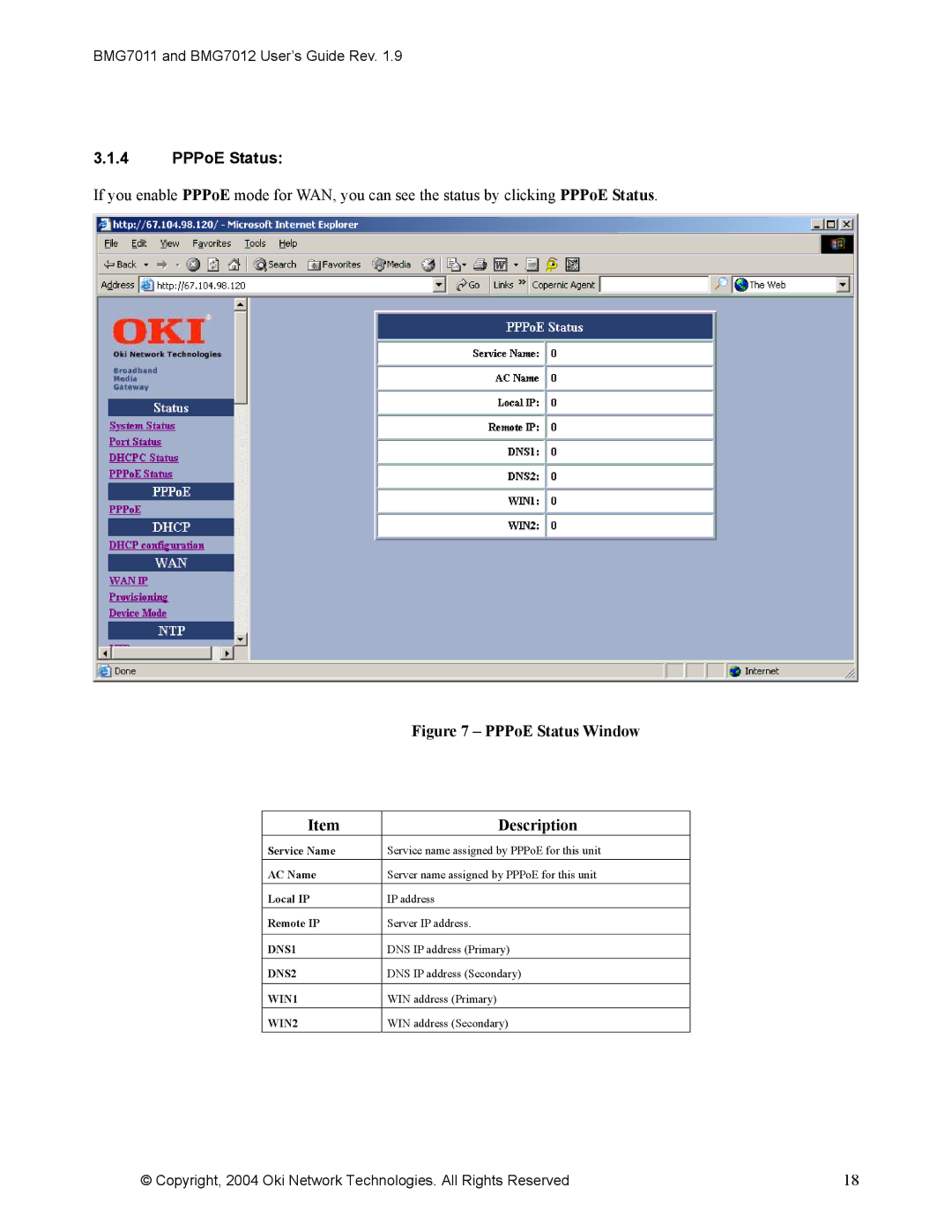 Oki BMG7012, BMG7011 manual PPPoE Status Window Description 