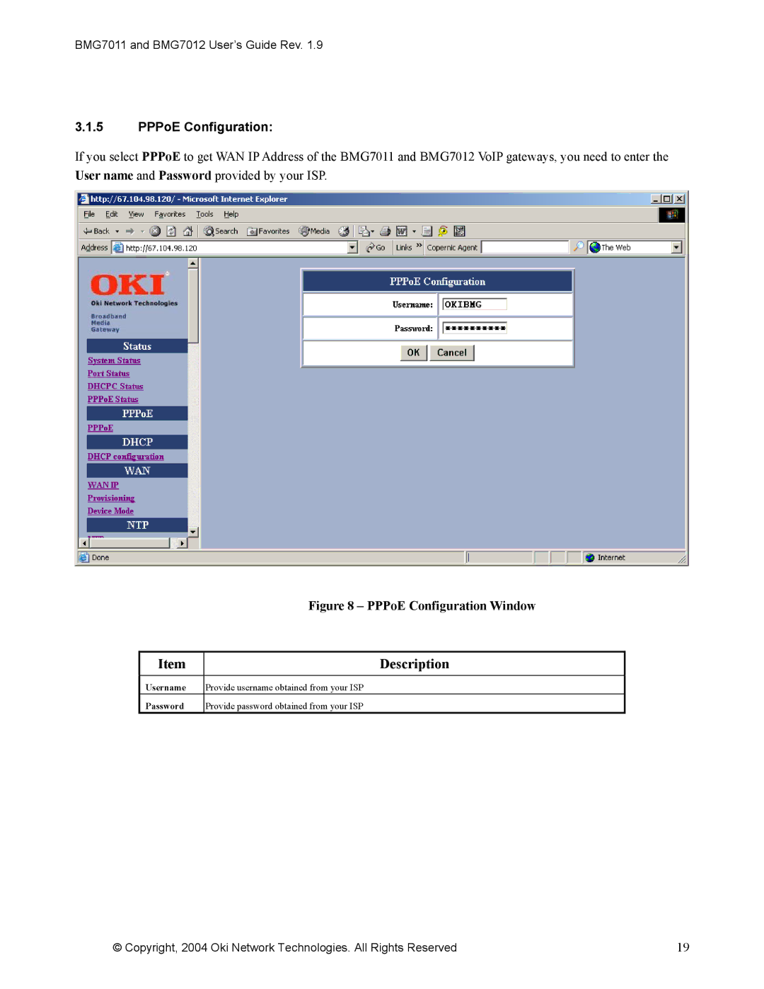 Oki BMG7011, BMG7012 manual Description, PPPoE Configuration 