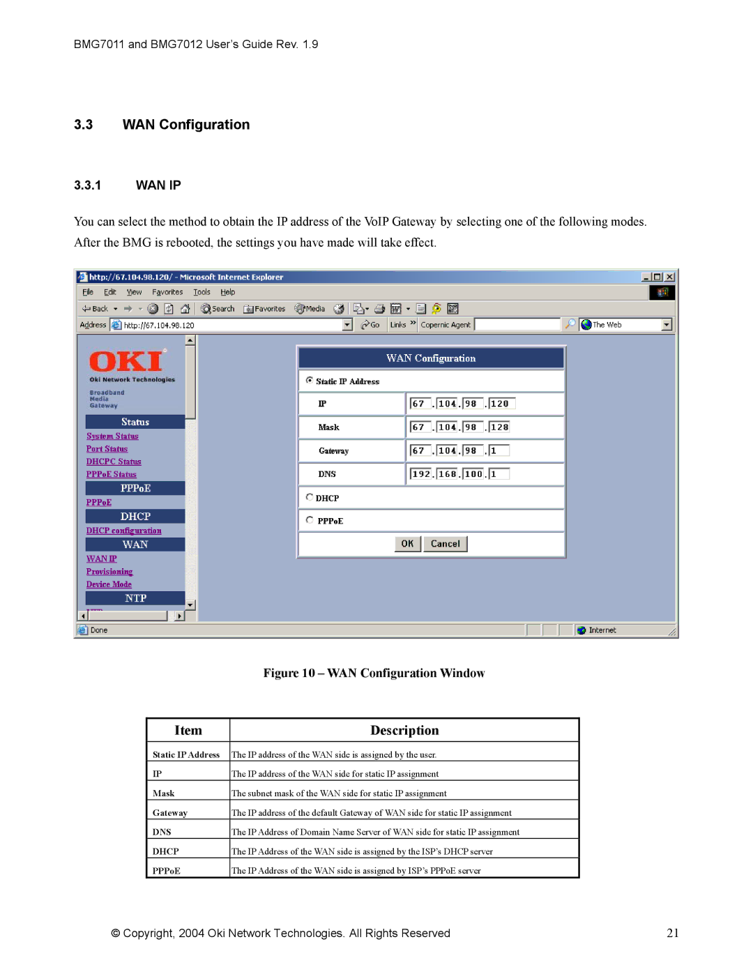 Oki BMG7011, BMG7012 manual WAN Configuration, Wan Ip 