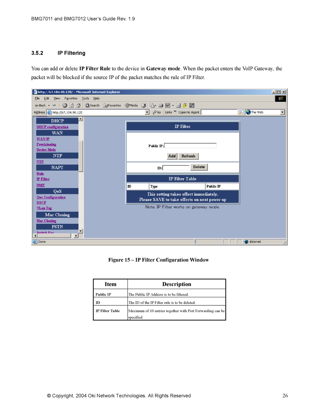 Oki BMG7012, BMG7011 manual IP Filtering, IP Filter Configuration Window 