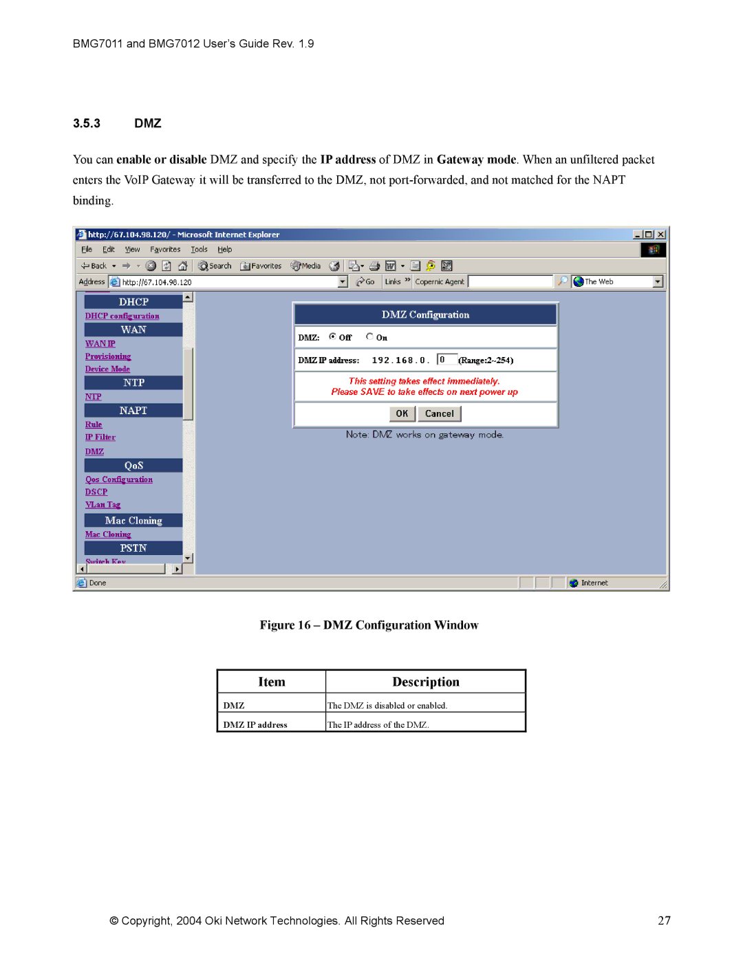 Oki BMG7011, BMG7012 manual 3 DMZ, DMZ Configuration Window 