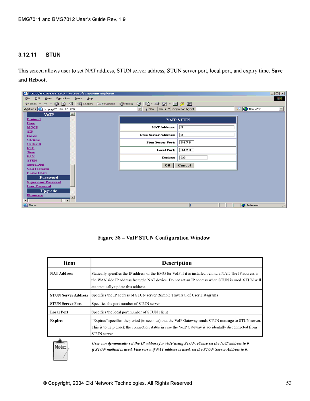 Oki BMG7011, BMG7012 manual Stun, NAT Address 